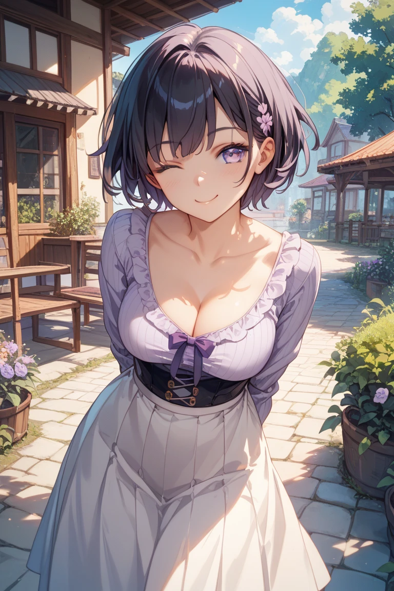 nozomitoujou, Nozomi-san always, (Green Eyes:1.5), Purple Hair, Short Hair,White hat,Big Breasts,Bare shoulders,Bare arms,bare clavicle,Bare neck,Locket Necklace,happy smile, smile, Open your mouth,Off-the-shoulder sleeveless dress,Long skirt,Heeled Sandals,True Summer,Daytime,Clear skies, break looking at viewer, break outdoors, In town,Building district, break (masterpiece:1.2), highest quality, High resolution, unity 8k wallpaper, (figure:0.8), (Beautiful fine details:1.6), Highly detailed face, Perfect lighting, Highly detailed CG, (Perfect hands, Perfect Anatomy),