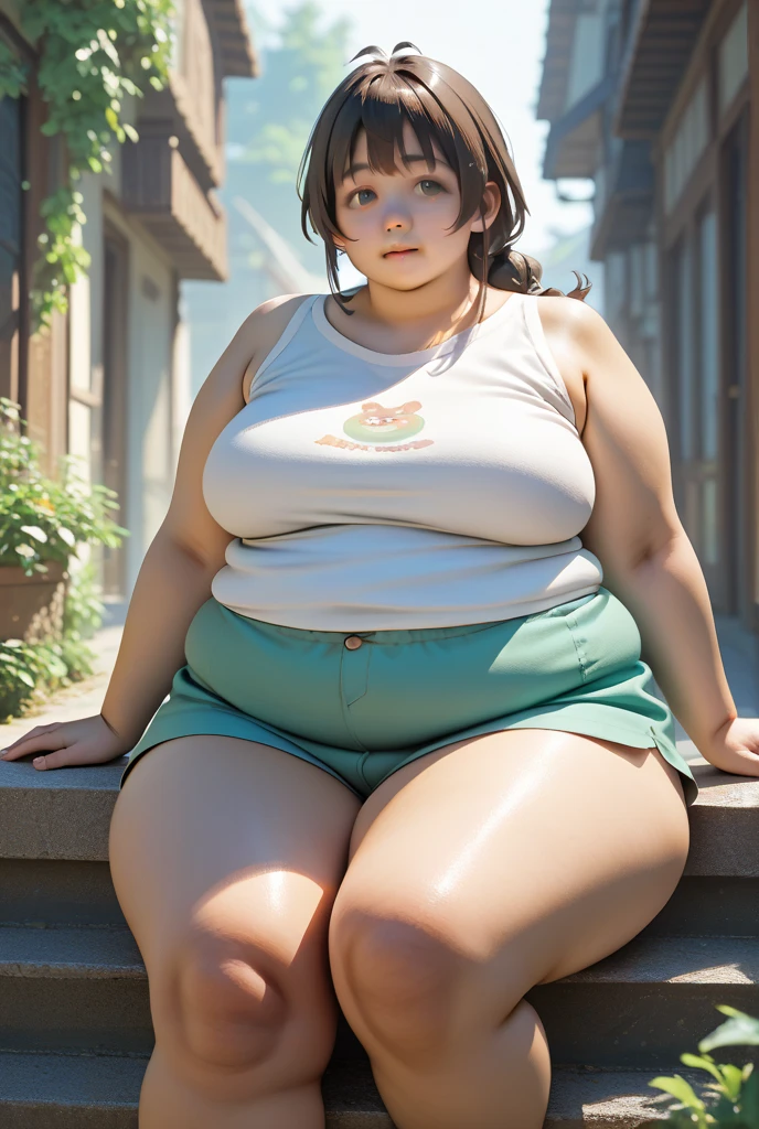 ((super highest quality)), ((masterpiece)), (become familiar with), High resolution, 4k, full body shot, asian women, chubby woman, ugly face, Otaku, chubby shorts, small breasts, thick legs, Thick below the knees, thick arms, pussy, Are standing