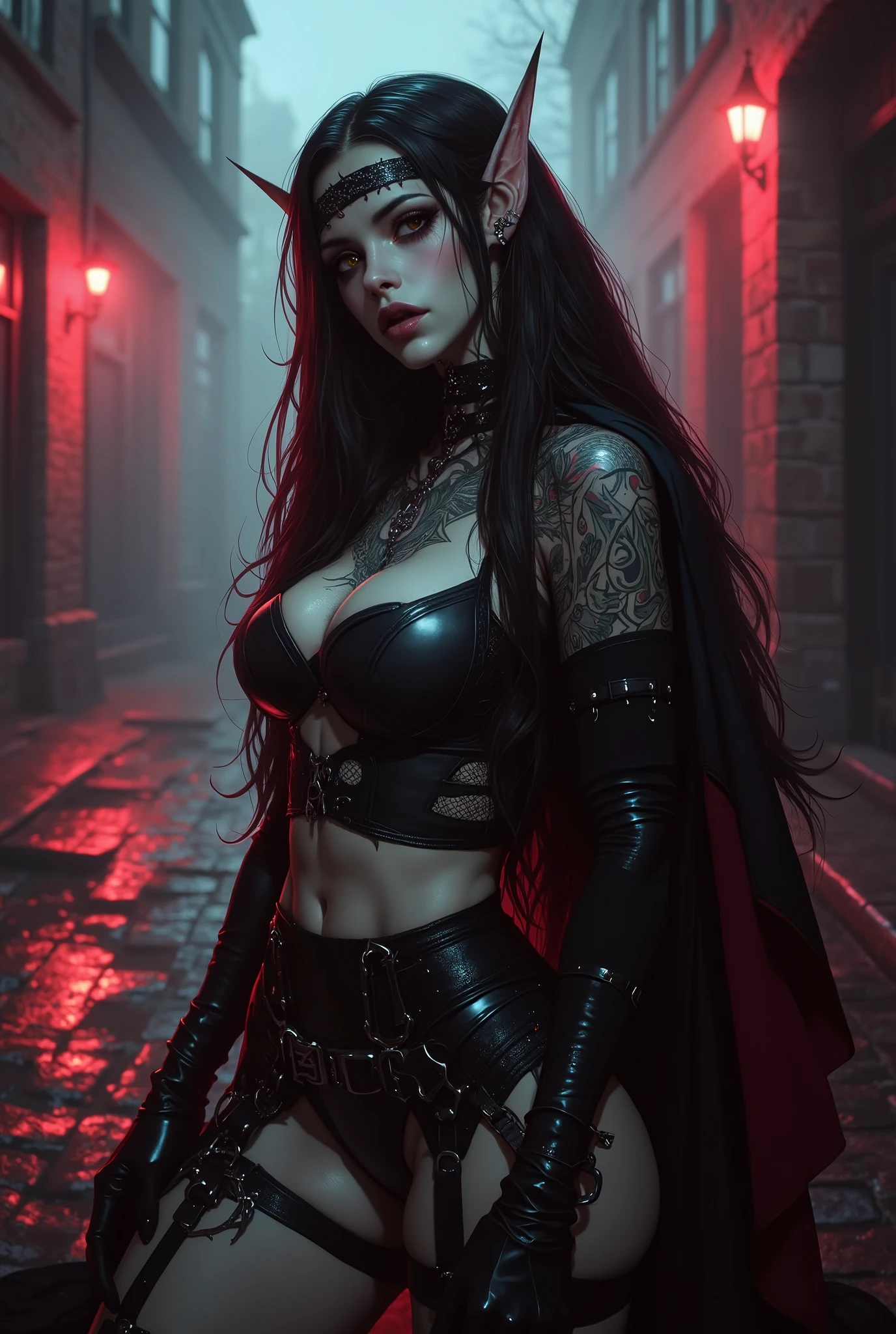 1 girl, heavy goth makeup, fantasy character, cyberpunk horror, dark fantasy, navel, gothic mage, muscular abs, leather lace corset cropped top, leather pants, sensual