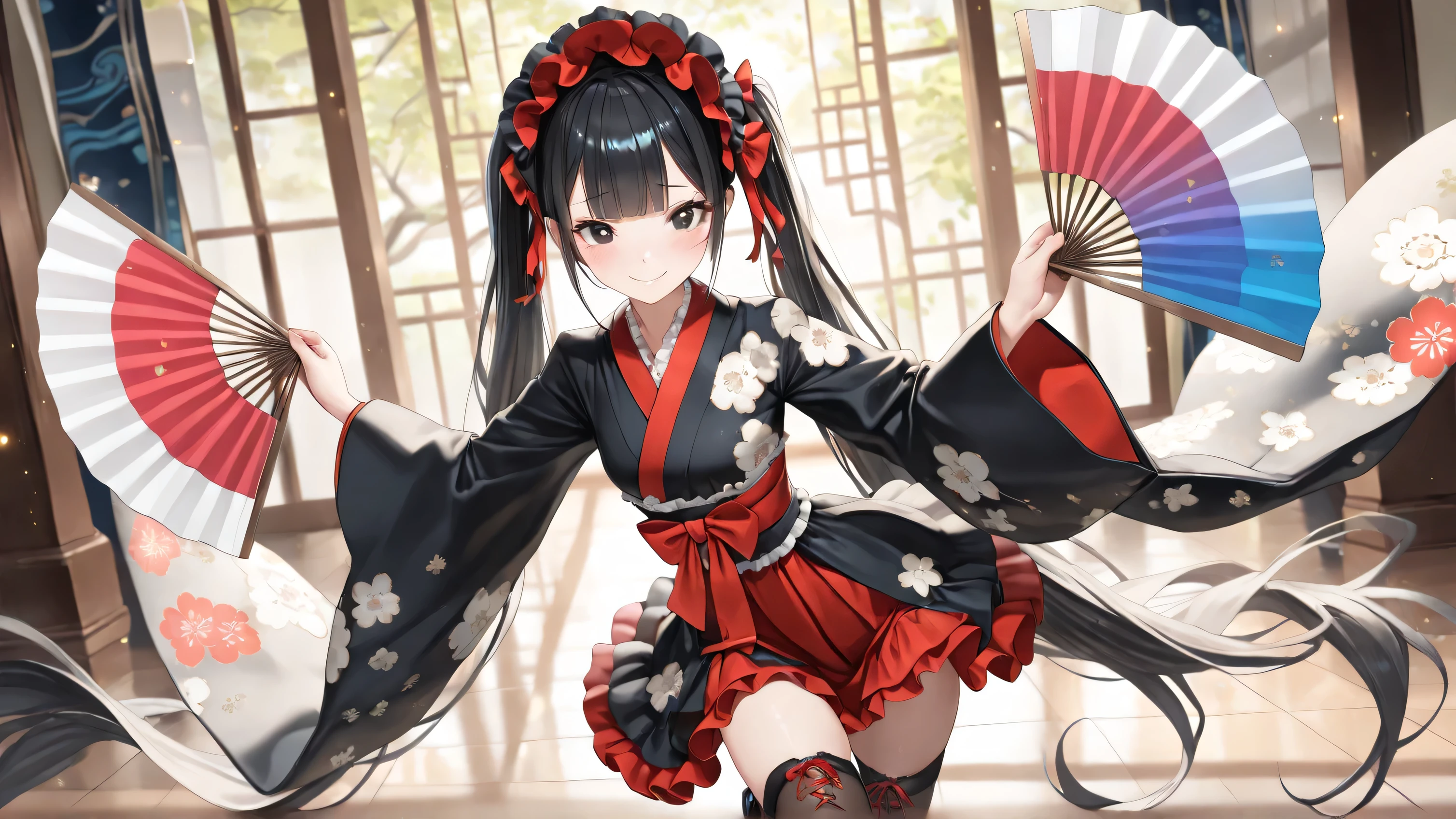 ((detailed eyes)),((correct_anatomy)), soro, 1girl, petite, baby face, skinny, stylish pose, (black hair, absurdly long hair, blunt bangs), black eyes, small breasts, blush, raised eyebrows, twintails, smile, (kimono clothes, ta fashion, frills, laces), wide sleeves, floral print, skirt, ribbons, lolieaddress, kimono ornament, thighhighs, pumps, (holding big folding fans), dynamic pose, very aesthetic, absurdres,ultra detailed, (beautiful eyes, detailed eyes:1.2),(4k,8k,Ultra HD),(Masterpiece:1.2),(Best quality:1.2),(Detailed:1.5),(Detailed background:1.5),highly detailed,ultra-sharp,8K resolution,character focus,depth of field,(glowing particles),reflection,(Sharp Focus),contrast,(glittered fabric),cinematic lighting , cinematic angle, soft light , color detail, backlighting, Depth of field, long exposure, light steps, intricate colors, vibrant colors, shine colorful, sparkle, traditional_Japanese_art_styles, bold_primary_colors, vivid_contrast, intricate_details