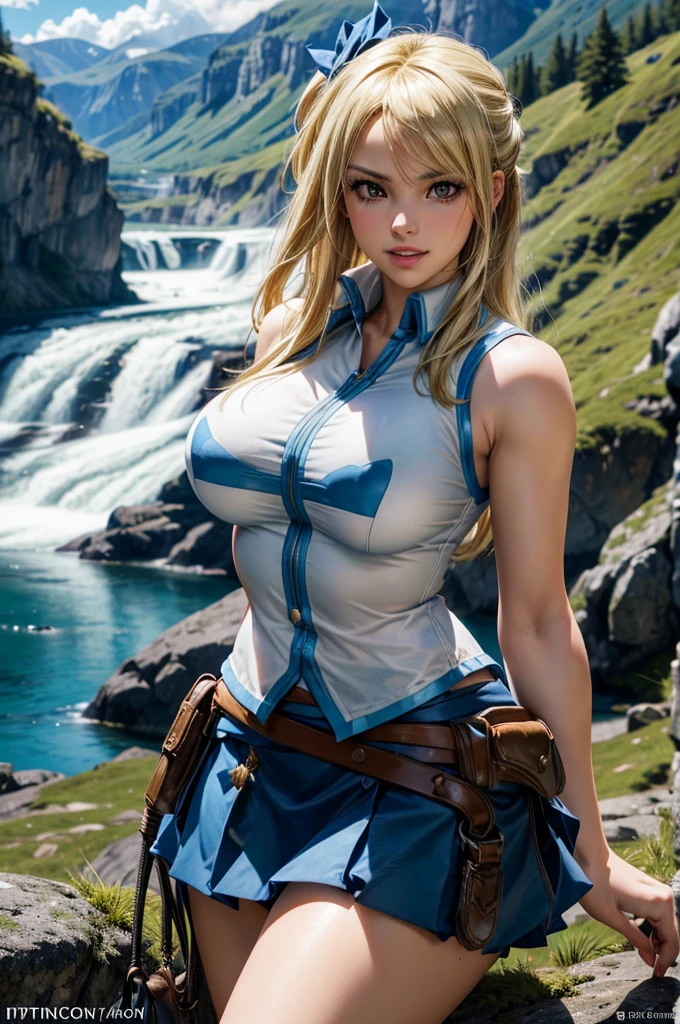 masterpiece, best quality, expressive eyes, perfect face, looking at viewer, large breast, big breast, small waist, perfect figure, highly detailed, showing cleavage, blue eyes, large nipples, blonde hair, bangs, dressed as supergirl at a waterfall, red micro-skirt, leather string necklace, white spandex supergirl top, mid section exposed, sneakers