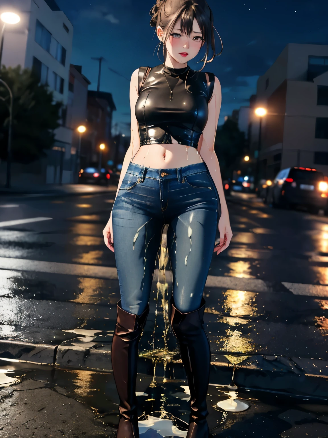 highres, beautiful women, high detail, good lighting, lewd, hentai, (no nudity), (((jeans))), ((tight leather top)), (((leather thigh high boots))), bare midriff, ((wet crotch)), (((peeing herself))), (((wetting herself))), ((((peeing self))), pee streaming down legs, peeing stain, (puddle), (thick thighs), nice long legs, lipstick, detailed face, pretty face, embarrassed blushing face, humiliated, ((legs spread)), ((standing under streetlight at night)), hihelz