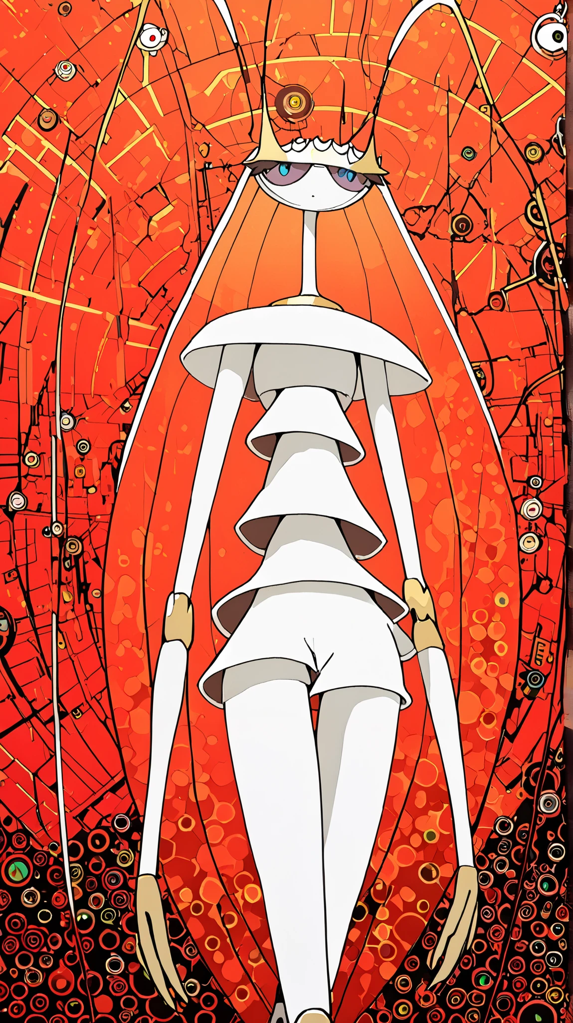 in style of Takashi Murakami,Pheromosa from Pokemon, White Body, (cyber punk wallpaper:1.3), Thin Waist, Very Thin Waist, Wasp Waist, Solo, Aerial View,vibrant colors, cel shading, Simplistic Art Style, looking at viewer, solo,((redscale:1.3)),