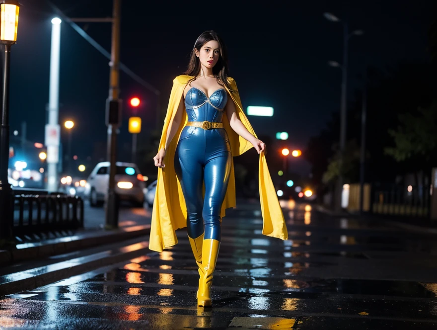 beautiful european woman in blue and yellow dress, photo of sassy woman with angry look, large breasts, superhero pose, standing in ruined city at sunset, hyperdetailed, smoke, sparks, sunlight, (8k), realistic, symmetrical, award-winning, cinematic lightning, soaked, film, 75mm, scratches, full body shot, close-up, torn and dirty clothes, detailed face,
