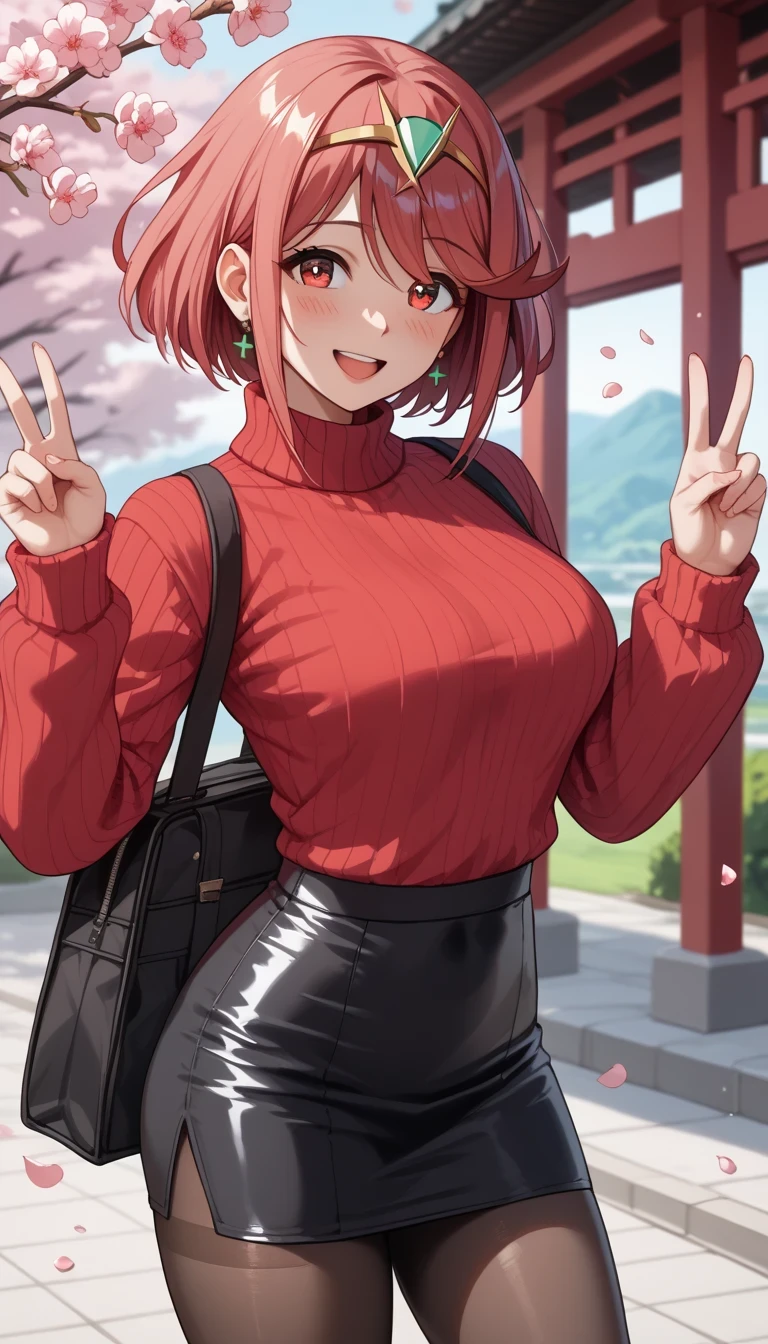 score_9, score_8_up, score_7_up, source_anime、top quality、8k、 masterpiece、ultra high definition、 natural light、perfect anatomy、 perfect eyes、beautiful eyes、one woman、medium breasts、saggy breasts:1.4、Pyra , (tight long sleeve rib knit sweater、V-neck:1.5、Tight Pencil Skirt、pantyhose)、((is embarrassing:1.3、happy、Kamisan))、Cherry Blossom Petals、 stand and pose
