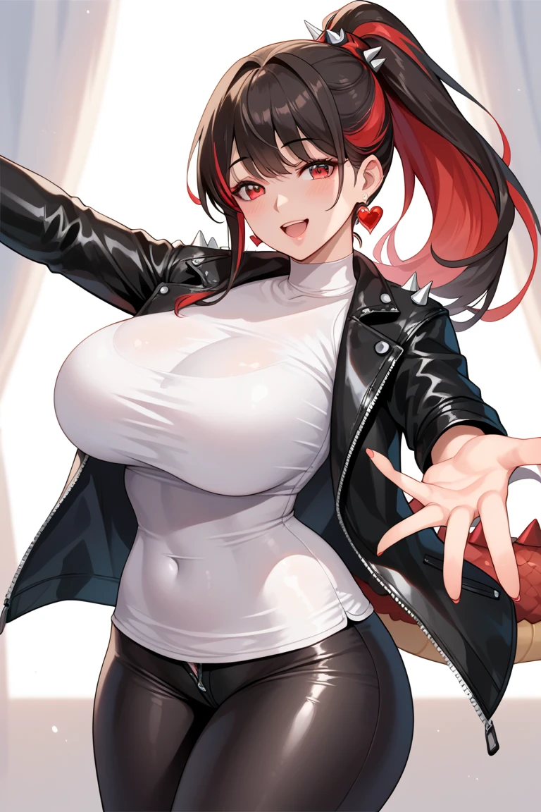 big lips, Brown hair, pink eyes, japanese face, improve, improve grin, two sides up, huge breasts, Wide hips, sexy, detailed, pink room, hits, (evil smile1.4), kawaii, pleated skirt, punk, good, Pink and black suit, plaid skirt, punk shirt, choker, punk skirt, punk shirt,navel piercing,vagina