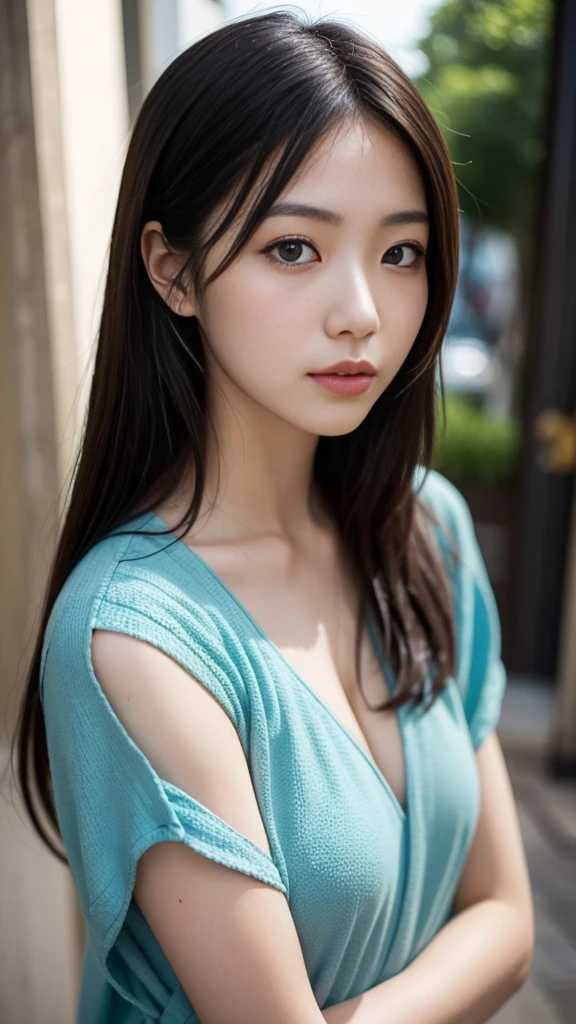Generate images of dark-haired women with a novel artistic vibe that stands out in light blue color in high quality. She has an individual fashion style and has graceful and attractive black hair. Her hair is rich and shiny, accented by light blue color highlights. The background is a fantastic and dreamy landscape, interwoven with soft light blue tones and abstract elements. Her poses are fluid and give a feel of natural movement and energy. The effects of light and shadow are attractively expressed, and the faces and expressions that are carefully depicted in detail are emotionally rich and attractive. The overall atmosphere is modern and novel, yet with a unique artistic touch. This image is of high quality and beautifully colored light blue, which will evoke visual stimulation and aesthetics, and will interest and surprise the viewer. We create works that incorporate the charm of a dark-haired woman with a novel color combination of light blue.