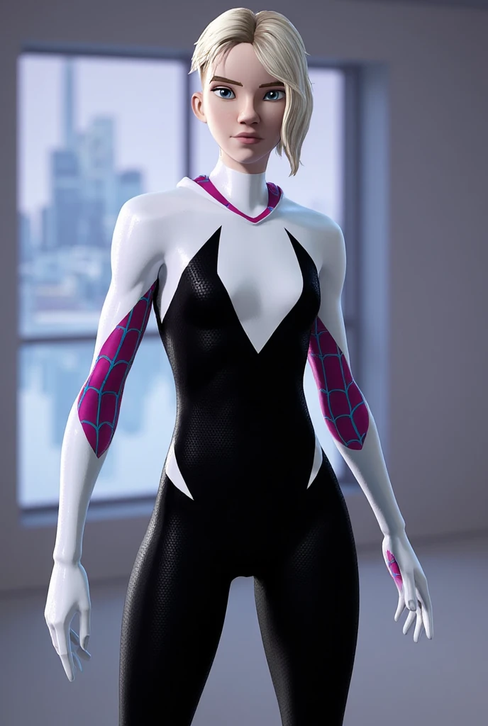 Ultra HD, Artwork, accurate, Anatomically correct, super details, high details, high quality, best quality, 8K, High resolution. The heroine, Spider Woman (Gwen Stacy), looks gorgeous in a full-length photo. Blue eyes, very short blonde hair, turn her into a goddess of beauty. Spider Woman's costume consists of: Tight jumpsuit with black and white stripes, reminiscent of a spider web, Black boots with white details, white gloves, A black sweatshirt or jacket with white stripes. she looks very sexy, drawing attention to her big breasts and muscular body.