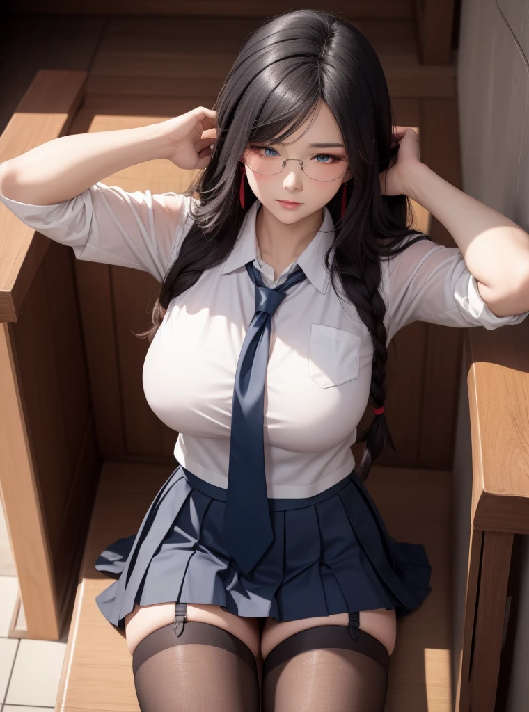 a woman, drooping eyes, eyes realistic sizing, pleated skirt, (round face), leaning table corner to hit her crotch, heavily masturbation, angle from below, braid, ribbon, (stylish glasses), (old storeroom),