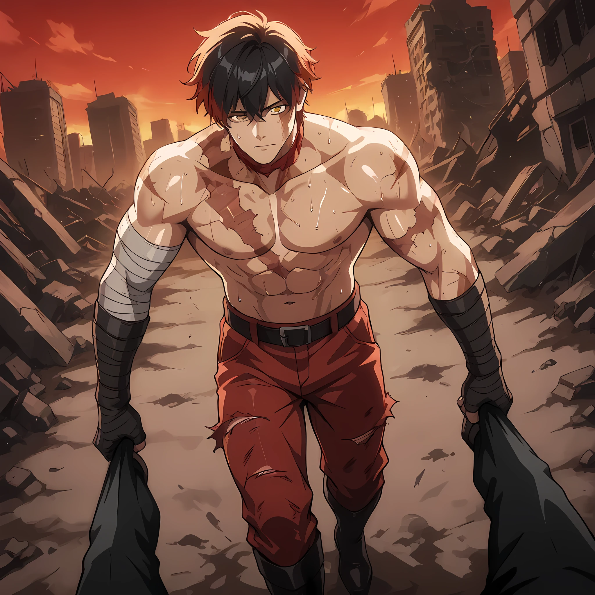 ((Anime art style Solo Leveling:1.2)), {man1}:(man with messy red hair, yellow eyes, muscular body, sweaty skin, strong bandaged arms, burn scar on his neck, developed chest), {man1}: (wearing red army pants and no shirt, black leather boots, looking to the side with a predominantly serious look, war-torn landscape of a post-apocalyptic city, walking through the ruins in the middle of the twilight while pulling man2 by the collar of his shirt using his right hand dragging him on the dirty ground), BREAK, {man2}:(man2 with short black hair with torn and bloody clothes, man2 being pulled by the collar of his shirt and dragged on the ground by man1, look of suffering, wounded skin from the previous battle, body dirty with dirt, lying on the ground while being pulled by another man) | ((man1 and man2)), (better sharpness, better shading, better saturation, better lighting control, better scene details, full HD), (side angle).