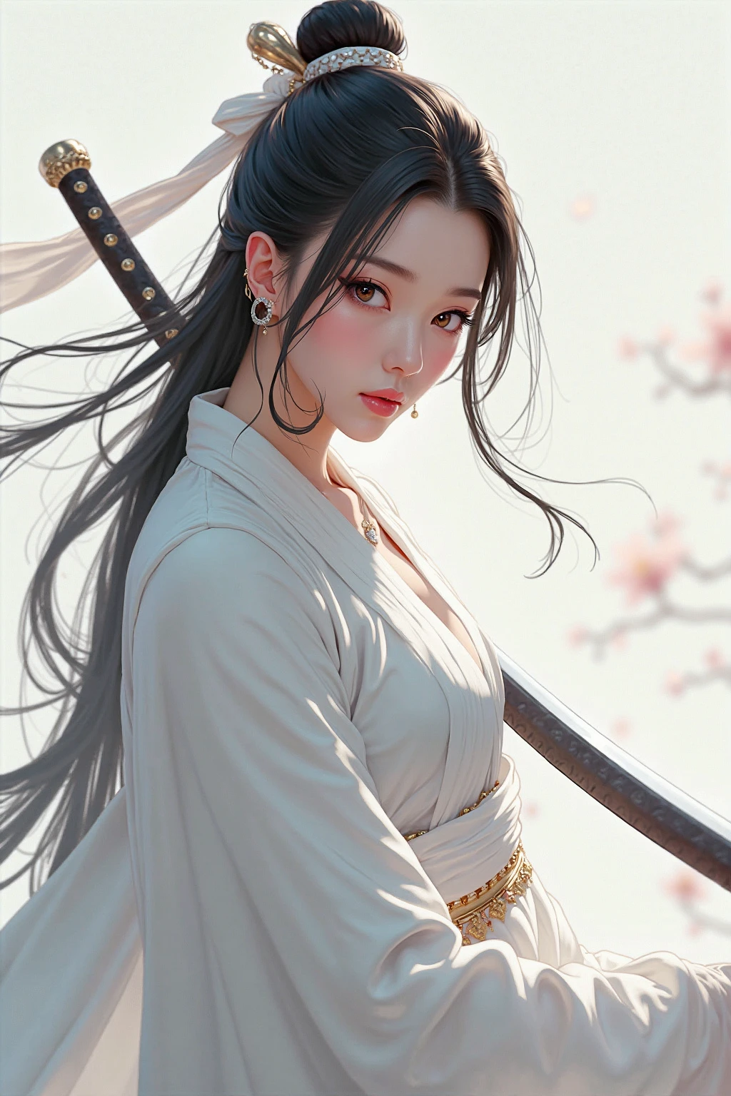 Wear white、 Close-up of a woman holding a sword, Yang Jianjun's character portrait , Popular on ArtStation , Fantasyart, Beautiful character painting, artwork in the style of Gu Weiss, Gu Weiss, white hanfu, flowing white robe, full-body wuxia, Epic and beautiful character art, Stunning character art, beautiful female assassin