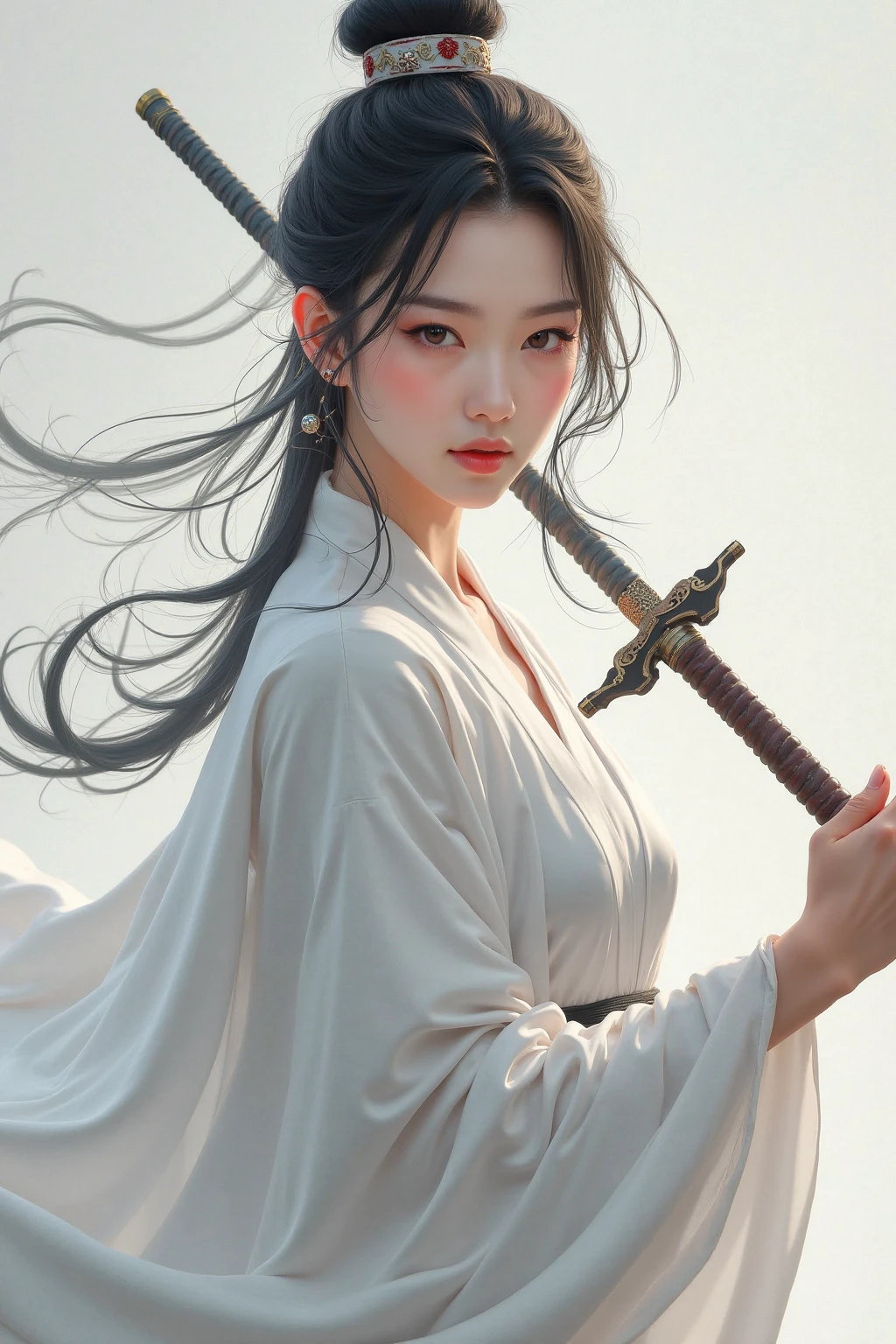 Wear white、 Close-up of a woman holding a sword, Yang Jianjun's character portrait , Popular on ArtStation , Fantasyart, Beautiful character painting, artwork in the style of Gu Weiss, Gu Weiss, white hanfu, flowing white robe, full-body wuxia, Epic and beautiful character art, Stunning character art, beautiful female assassin