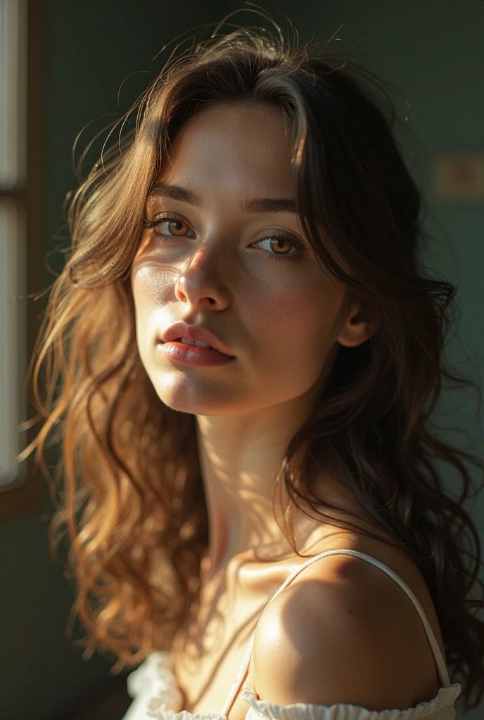 Film portrait photography, 1girl, bare shoulders, Shoulder length wavy hair, serene, dispassionate, (Realistic and detailed eyes, Natural texture, Realistic face details), Soft theatrical lighting, Depth of field , Bokeh, vivd details, detailed meticulous, hyper-realistic, 35 mm film, Hazy and blurry, cinematic ligh,