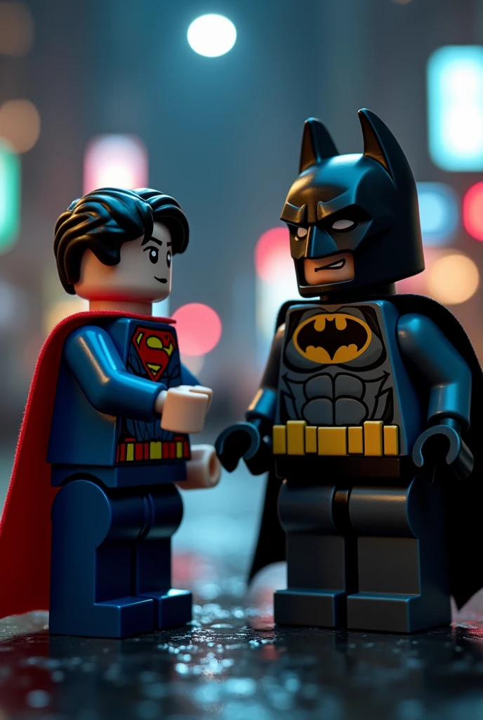 high quality,4K,High detail ,photo-realistic,Professional superhero LEGO art,Superman and Batman in a nighttime scene,Realistic and detailed facial features,Vivid gestures,Complex and exquisite urban backgrounds,Dark and cool colors,Cinematic atmosphere,lighting perfect,metalictexture,Dynamic and smooth,extreme hight detail