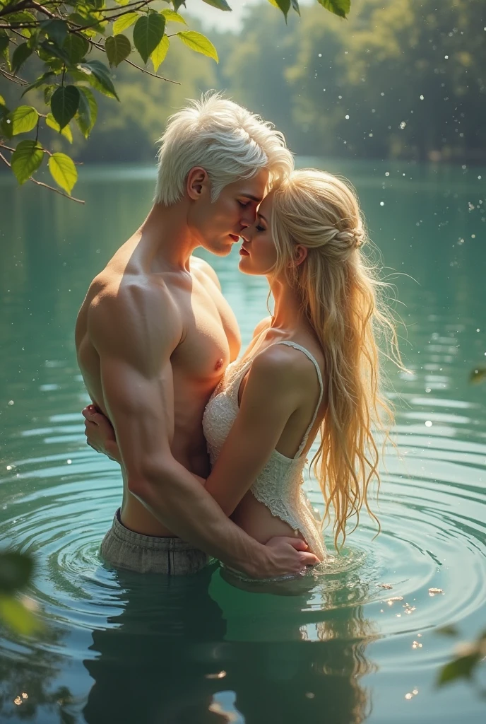 two mens, an 18 year old young man, short red hair, thin body and red hair,  and a man with long white hair and a youthful appearance similar to Geralt of Rivia, much taller than the red-haired man, apparently 30 year old hairy chest, muscular and sexy taking a bath in a lake kissing and hugging