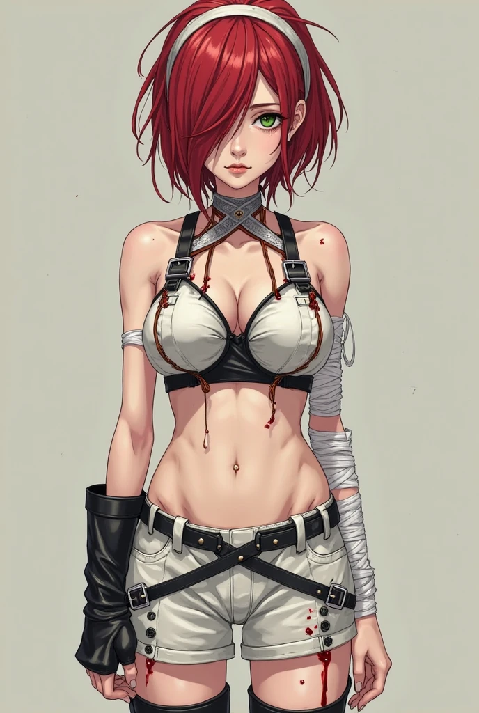 (masterpiece, best quality, photorealistic, cinematic, ultra-detailed), wide shot, full body, perfect anatomy, perfect eyes, perfect hands, ((large cleavage)), long round legs, round ass, 1 girl, red hair, (((her body is fully wrapped in very thin linen bandages, red and white bandages))), (((empty dark room background in concrete floors, concrete wall without windows)))