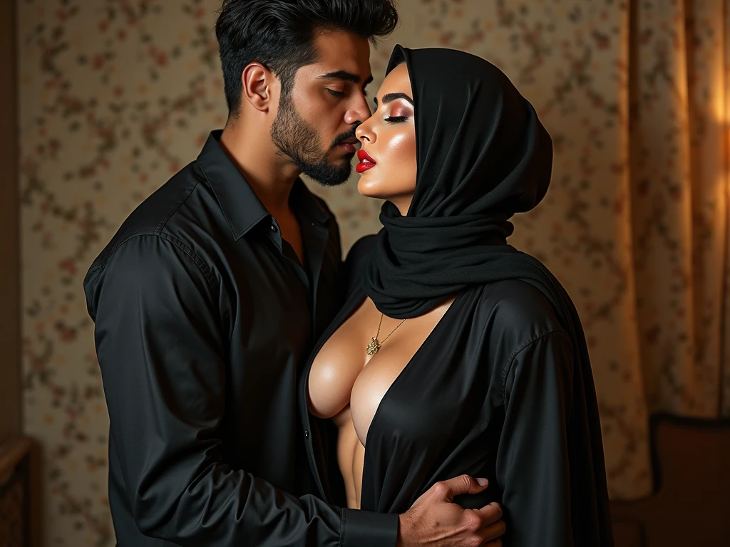 Rich strong man kissing his pregnant maid in hijab. Both are naked and in love.