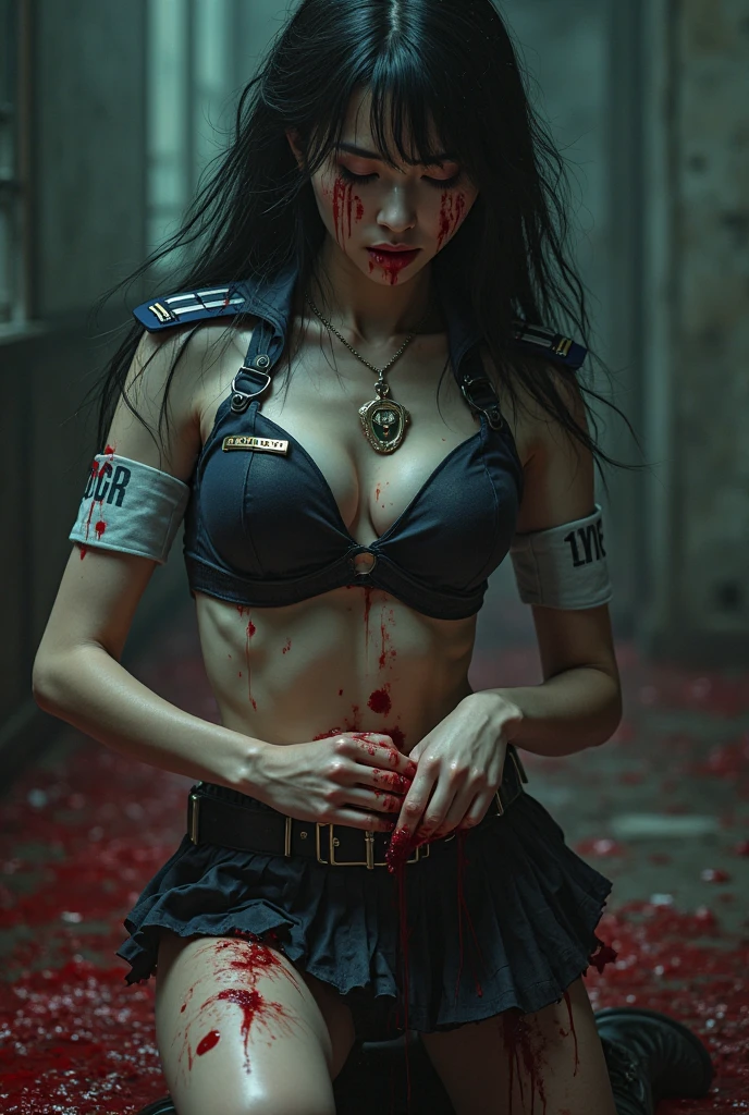 1 girl, sexy, beautiful samurai, katana, samurai, muscular abs, navel, fantasy, sensual, cropped corset goth top, mini skirt, beautiful asian goth girl, sexy, deep navel, heavy goth makeup, armpit, fighting, sweaty skin, blood, wounded, undead, red blood, horror, goth horror, samurai, near death, injured, tired, goth horror, horror, haunted, dripping blood, blood painted skin, blood all over the place, lay down on ground, wet skin, black eyes, red eyes, eyes hurt, navel pierced, blood in navel
