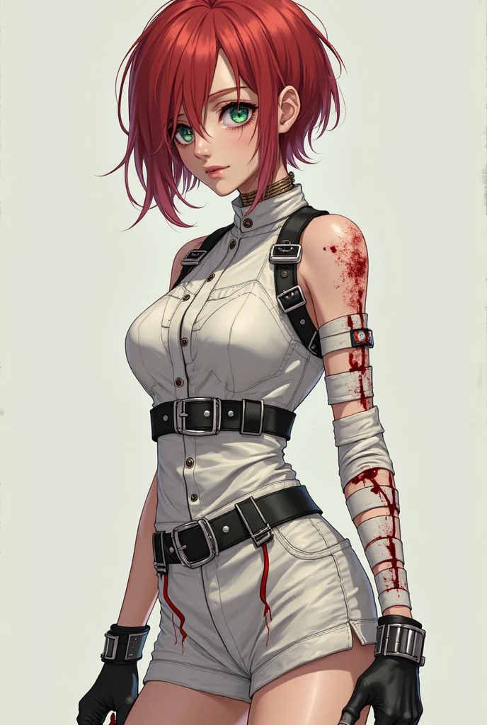 (masterpiece, best quality, high resolution), (illustration:1.0), perfect lighting, 1girl, solo, cowboy shot, 1girl, abams, object through head, bandages, blood,key, hair over one eye, chain, pale skin, <lora:AbaMS:1>