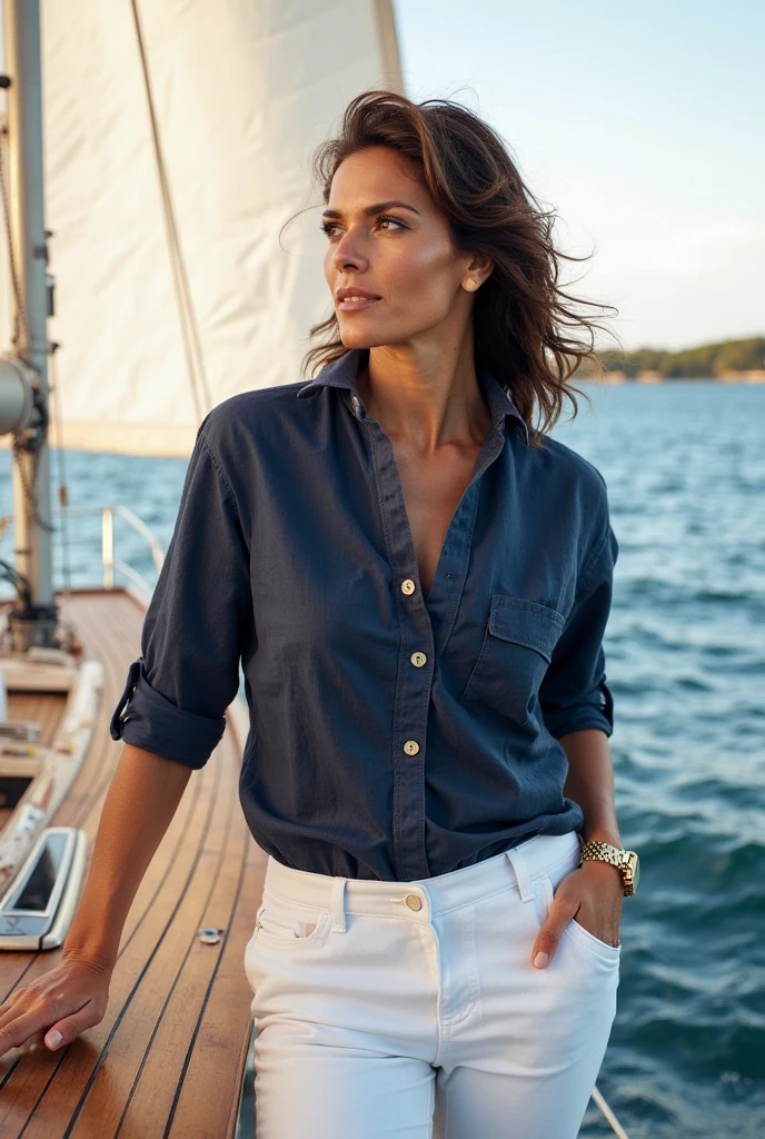 The girl is one, 18 years old, shaggy, short hair, strands, her hair is disheveled, short haircut, brown eyes, smiles easily, a scar on her face.The free shirt is large, oversize a shirt, shorts, boots, berets, a belt on a colored shorts, a pirate shawl is tied on a belt, an earlier in an ear is one gold, dressed in akimal, a pirate style, a knife is in a bay, around the sea.