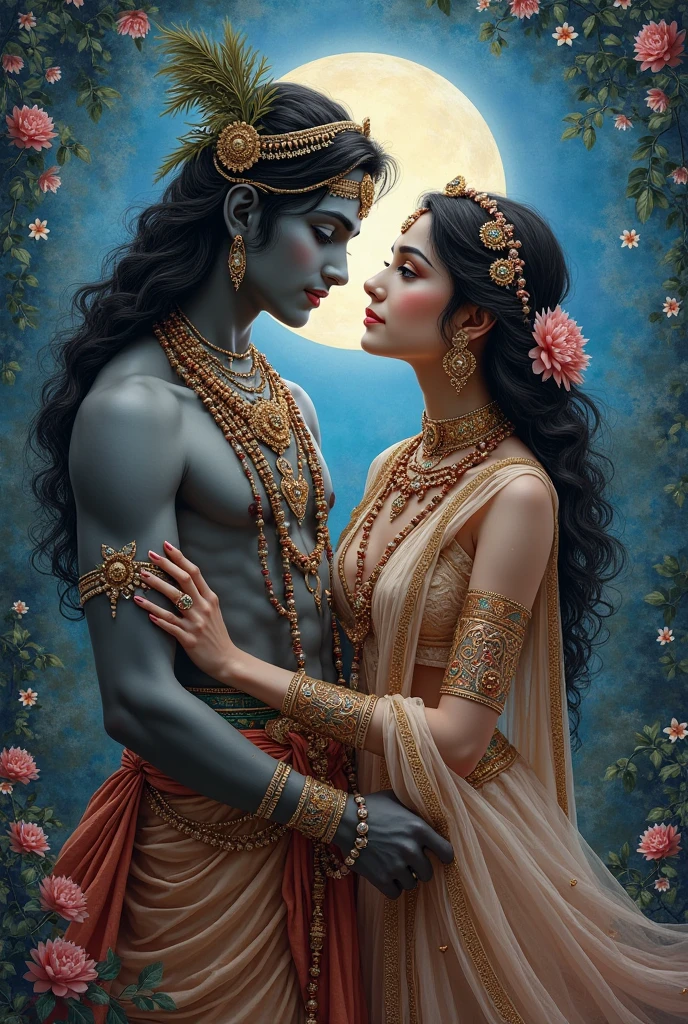 (photorealism:1.2), very handsome male- Lord krishna wearing white costume, jewellery,crown with peacock feather, curly black hair, blue skin tone, closed eyes and a very beautiful goddess wearing red embroidered saree and sleeveless blouse, jewellery, crown on head,indian makeup,very beautiful, photo shoot together, the male holding her hands gently, (((holding hands))), behind is dense bushes with lots of micro sized yellow flowers, some white tiny flowers, ((( dense bush))), ((gothic)) white moon in sky, professional photo shoot,aesthetic, not intimate,very aesthetic hindu deities,lord krishna and maa radha by Greg Rutkowski, by Alphonse Mucha, ((very close up)), anime mix with photorealistic, add a touch of oil painting
