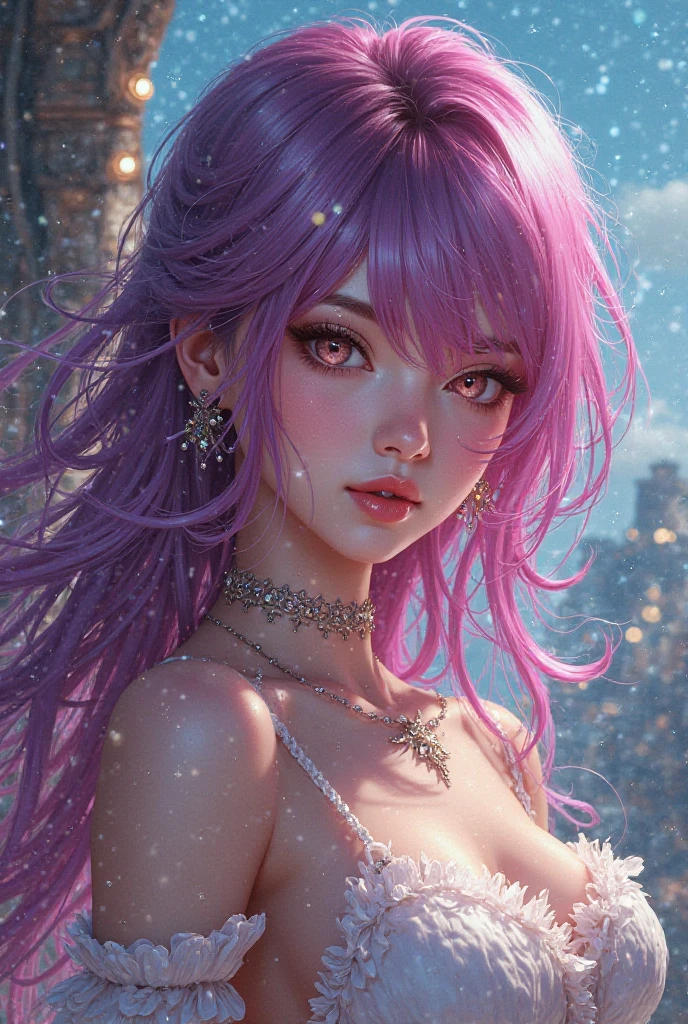 ((masterpiece)). This artwork is sweet, dreamy and ethereal, with soft pink watercolor hues and candy accents. Generate a delicate and demure fae exploring a (bubblegum world with a wide variety of pastel shades). Her sweet face is extremely detailed and realistic with elegant features and a fierce expression, and looks like ((((Latina Adult model Daisy Marie)))). Include mature features, and puffy lips and stunning, highly realistic eyes with soft, defined lashes. Her eyes are important and should be realistic, highly detailed, and beautiful. In high definition and detail, include lots of details like stars, galaxies, colorful bubbles, colorful petals, and lots of energy and emotion! The stars and colorful bubblegum bubbles are important! Include fantasy details, enhanced details, iridescence, colorful glittering wind, and pollen. Pay special attention to her face and make sure it is beautifully and realistically detailed. The image should be dreamy and ethereal.8k, intricate, elegant, highly detailed, majestic, digital photography, fullbody shot