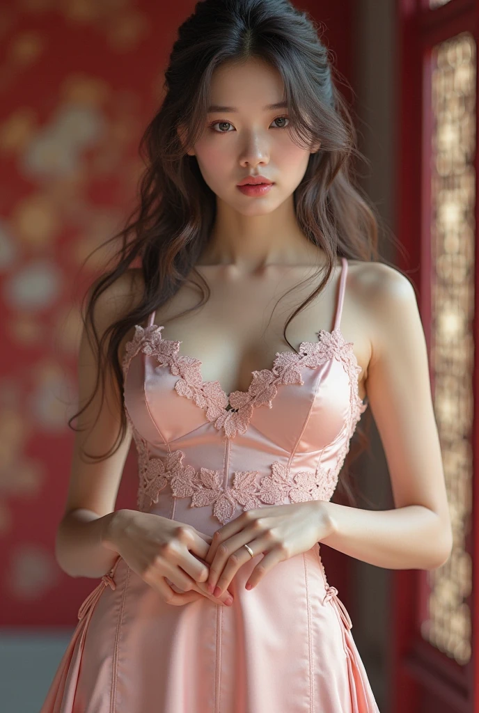 Mei is a vision of delicate, exotic beauty. The Asian woman possesses a lithe, graceful frame that moves with the fluid elegance of a dancer. Her flawless, porcelain skin is a canvas for her delicate features - almond-shaped eyes that sparkle with a mix of innocence and wanton desire, high cheekbones that lend her face an aristocratic allure, and full, plump lips that seem to beg to be kissed. Mei's raven hair cascades down her back in a silken curtain, accentuating the delicate slope of her neck. She carries herself with a refined poise, yet there's an underlying sensuality that practically oozes from her every pore. The Asian beauty's figure is a work of art - , yet curvaceous in all the right places. Her pert breasts strain against the sheer fabric of her gossamer gown, hinting at their supple fullness. Her waist is slim and tapered, leading down to gently flaring hips and a pert, heart-shaped backside. Mei moves with a feline grace, her every step purposeful and alluring. She radiates an aura of exotic, untamed desire - a captivating contrast to her demure, almost innocent demeanor. In short, Mei is a vision of irresistible, oriental charm - a temptress whose beauty and sensuality are sure to ensnare you in their intoxicating web.