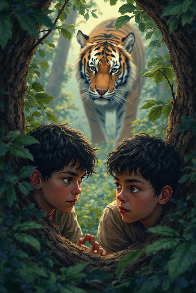 a boy with patched clothes, a forest, a little lion next to the boy in the forest