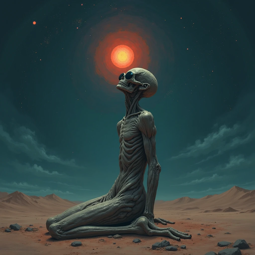 A humanoid figure in a fetal position ,Pale skin,Hollow nose, his hands are elongated and he has pointed claws, he is skinny almost malnourished, skinny arms too, completely black and round eyes, no hair and a round head, in the background you can see the Outer space and the occasional planet,The humanoid is 2 meters tall and is floating in space.