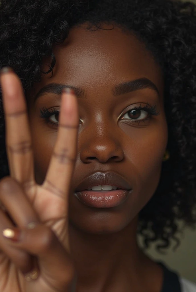 Several white hands pointing at a black person with afro hair