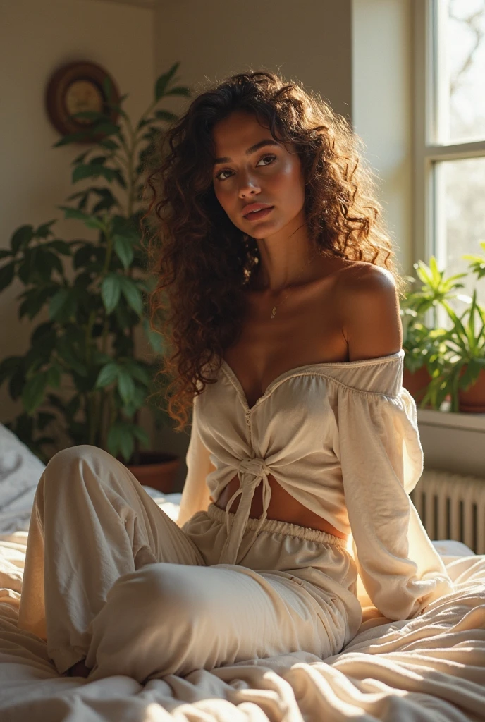 (photorealism:1.2), beautiful woman, sitting on bed, wearing loose off-shoulder top, pajama pants, long curly hair, indoors, soft lighting, plants in background, window with sunlight, cozy room, relaxed pose, realistic, intricate details, warm colors, by Greg Rutkowski, by Alphonse Mucha