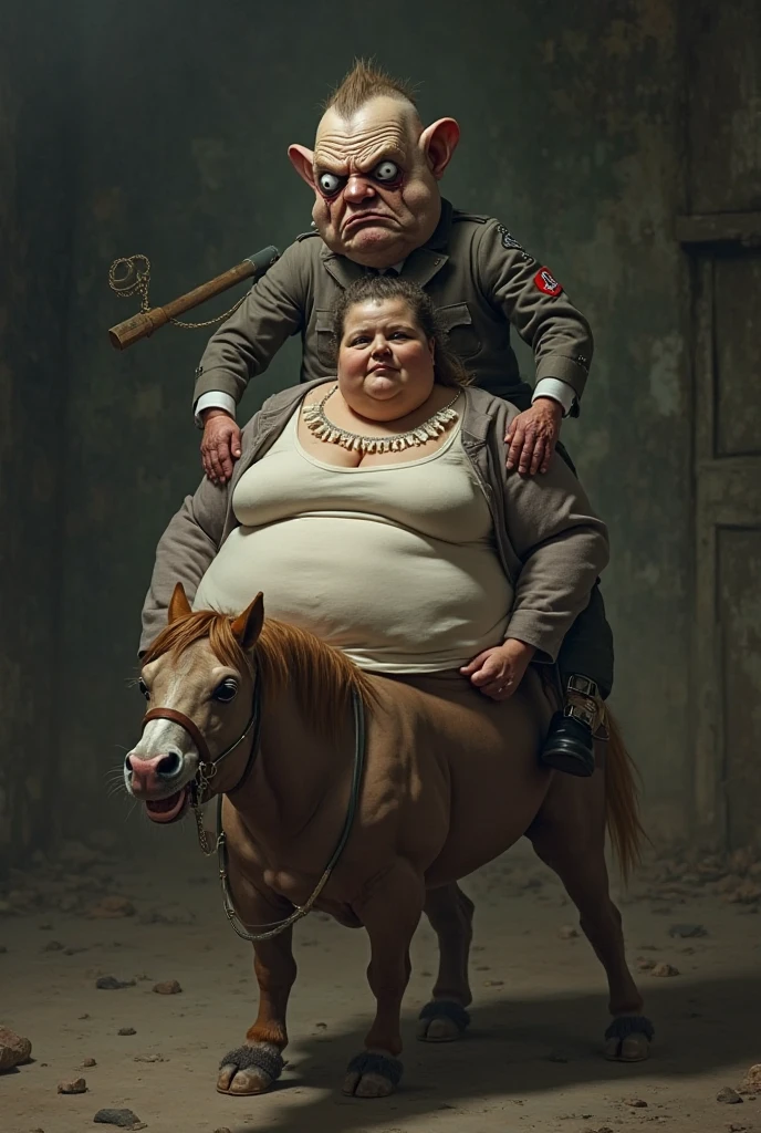 2fatty naked women, chained to the chariot and hip hitched to the chariot, forcing her to pull by master, maledom, bdsm, bondage, shackles
