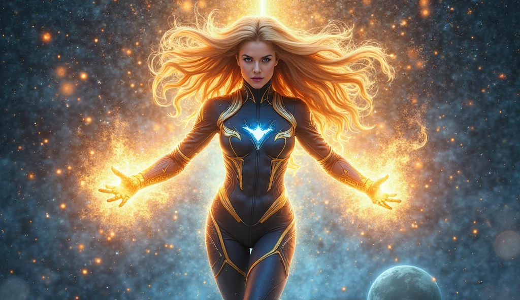 Create an image of a superheroine whose powers are the change of temperature at the dermal level, that he wears an orange and light blue suit with the letter "t" on the chest