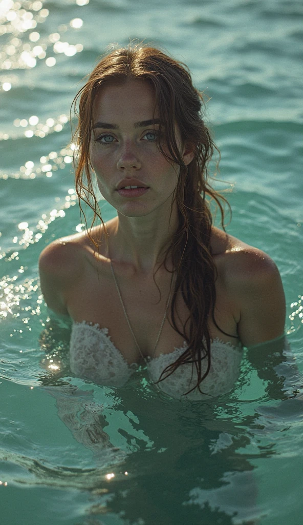 A goddess in a suit, sea diving, fish and corral as a background, detailed detail, real skin texture, long shot photography, masterpiece.