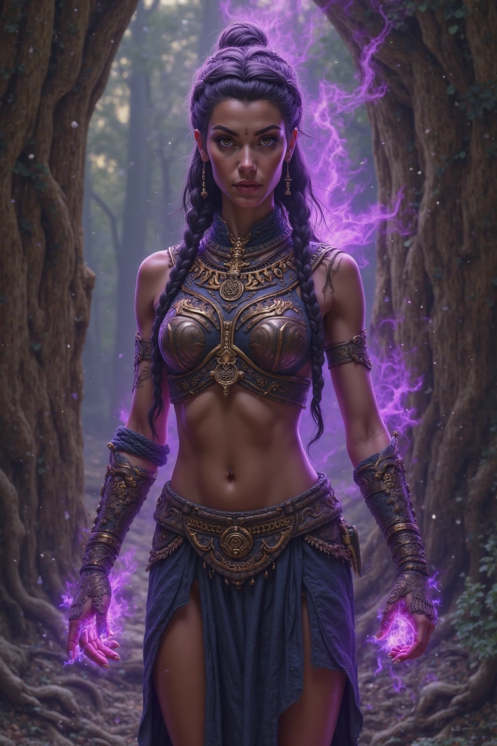 70 year old woman with wrinkles on her skin,Very long straight hair with thick braids with a bun,red eyes,goddess makeup,thick lips,thick eyebrows,red painted lips,with very sexy warrior armor that shows off her beautiful body,with thong,fitness ass with muscle,athletic body,Warrior woman,with an angry face with fury and anger, posing with his back to the viewer,LOOKING AT THE SPECTATOR,with big tits,very tight armor,very small thong,beautiful ass,with a very powerful staff in his hand that emanates violet rays,surrounded by golden magical energy,with violet rays around it,with a lot of magical power.Real photo,human photo,photo without animation,non-animated photo,very realistic photo.