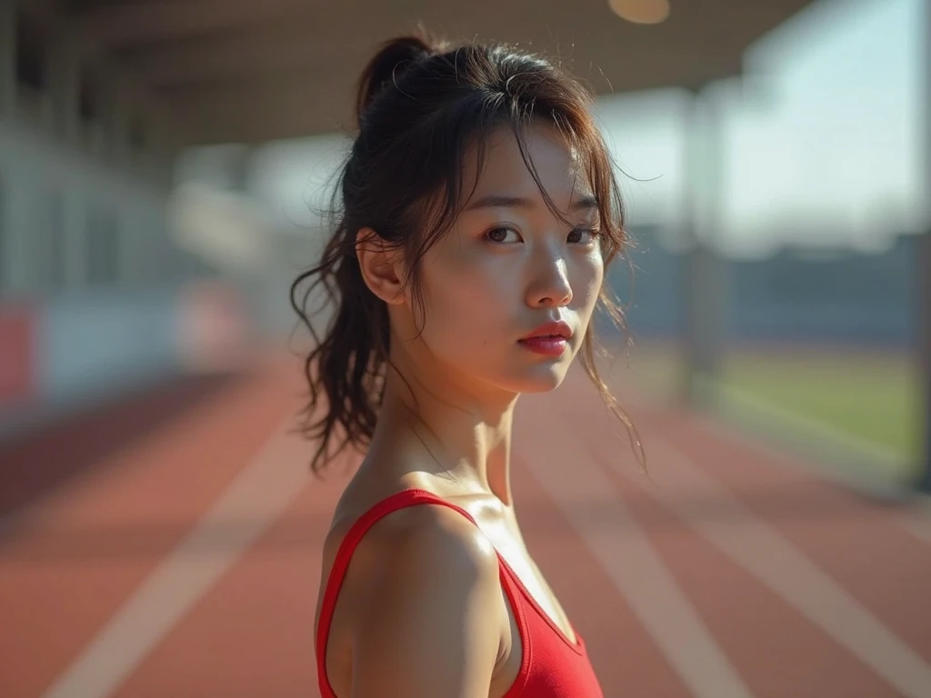 analog film photo, photo of a young track and field athlete, female, amber eyes, ponytail with shaggy bangs, tan complexion, Japanese ethnicity, beautiful face, natural beauty, sharp facial features, Amazonian stature, hourglass figure, busty bosom, full wide hips, plump round buttocks, wearing an athletic top and spandex shorts, posing under stadium lights, sweaty skin, damp clothes, RAW Photograph, dslr, soft lighting, high quality, film grain, Fujifilm XT3, detailed skin with visible pores, insane details, masterpiece, 8k, 35mm photograph, dslr, kodachrome, faded film, desaturated, grainy, vintage, Lomography, stained, highly detailed, found footage, close-up shot