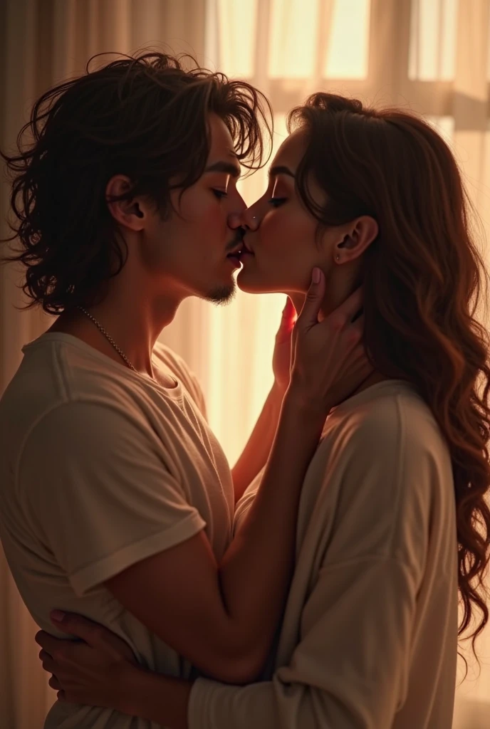 Create a image of a 25 year indian girl with long black silky hair and high ponytail style sitting on thr bed her boyfriend is kissing her neck from back