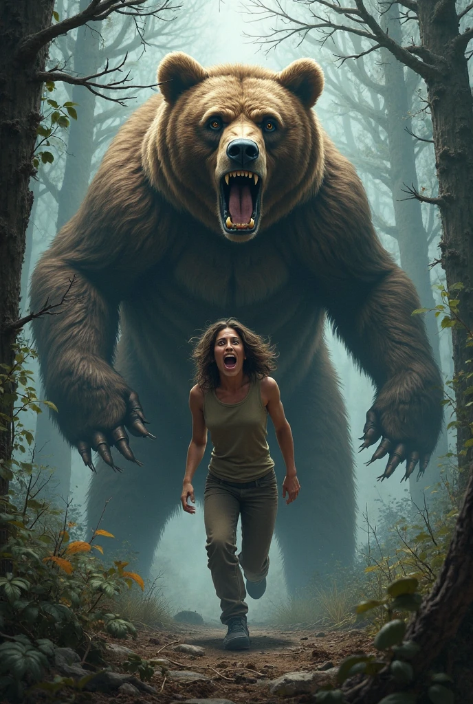 Create an image of a beautiful woman running away from Bigfoot through a swamp. In the background, depict Bigfoot and a creepy, dark forest --auto --s2