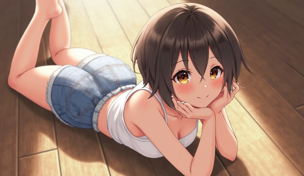 highest quality、Elementary school student bra、Beige shorts、Cool look、Stretch your legs in the room、Armpit sweat、Grass、Ecstasy face,(Attractive person), (girl1name), (Highly detailed face, smile) ,, (日本のgirl), Slightly round face, (Tan brown face:1.6), cute, Big eyes、2D,highest quality,(masterpiece),(((whole bodyが映る))),(((whole body))),Aya Shameimaru,Super Short Hair,((Black Hair)),Healthy brown skin,((Denim hot pants)),「cheap」In a pink tank top,Shining bare feet,barefoot,Beautiful brown eyes,Attractive thighs,Sloppy body type,Bedroom,get drunk,Upward glance,cheeks are bright red,あざでcute,Sexy as hell,Erotic look,whole bodyに汗の大きな滴,humid,Sleep with your legs stretched、My Room、(Lie down in bed.),Side View Angle,Angle to emphasize the buttocks