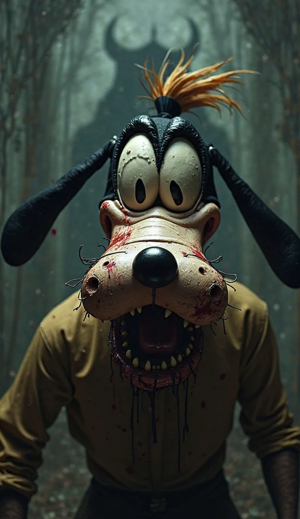 arafed poster of a creepy looking dog with a top hat and a top hat, horror animatronic, 4 k hd fur face!!!, murderous carnival freak, scary look, jumpscare, sinister looking, roaring mutant goat monster, twisty, scary creature, scary clown, hyper realism scary, white scary skin, scary picture in color