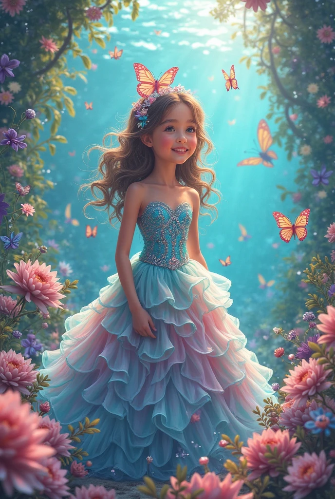 A beautiful young girl with long wavy hair, blue eyes, and freckles, wearing a colorful birthday dress, standing in a lush green garden, gazing up at the night sky with a hopeful expression, making a wish upon seeing a shooting star, cartoon, Pixar style, vibrant colors, warm lighting, highly detailed, 8K, photorealistic