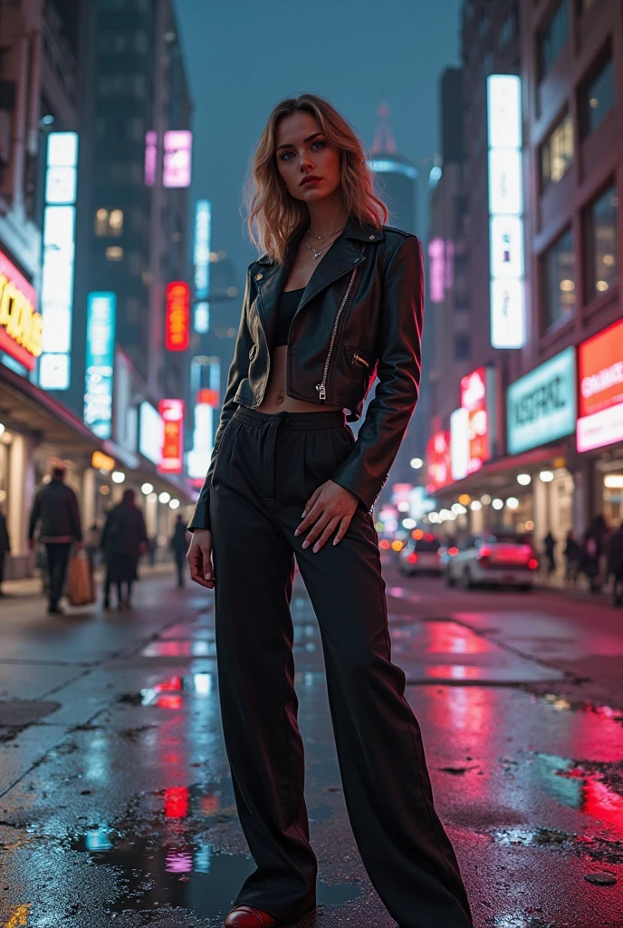 Crea un outfit de los años 80's para mujer, containing black pants