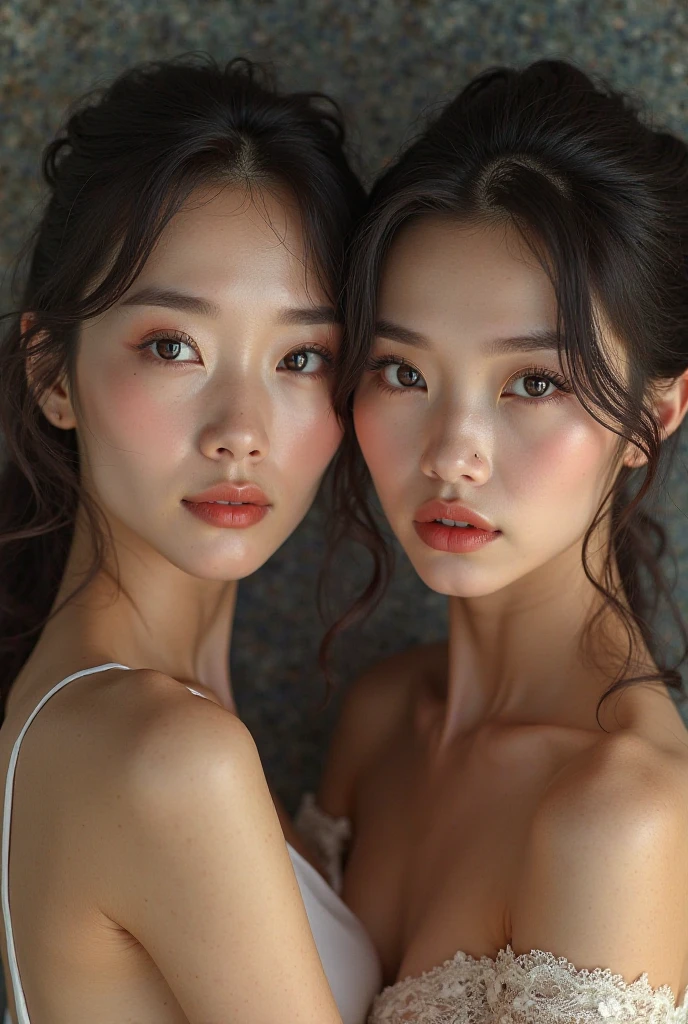 ((Highest quality, 8k, Tabletop:1.3, 2 girls, beautiful girl)), cute, dynamism, Detailed face, Detailed skin, Detailed eyes, Detailed lips, Detailed fingers, Mouth details, Detailed teeth, Detailed tongue, Round eyes, Tear bags, Realistic, RAW Photos, Natural light, Perfect Anatomy, High resolution, ((nakedの体に白い液体:1.5)), (Partially transparent), Gold color background, chest, twin color hair, Sitting, naked, Sweat