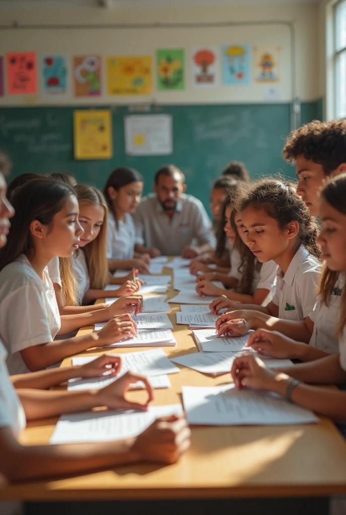 Create an inspiring and engaging image that conveys the idea of ​​investing in children's futures. The image should represent a welcoming and positive educational environment. Include a vibrant classroom environment where 6-year-olds are actively engaged in educational activities such as reading, science, or art. Add elements that suggest growth and the future, like books, globes, and progress charts. The text “Invista no futuro do seu filho: Matrículas Abertas” should be prominently displayed, perhaps on a banner or poster, in a friendly, attractive font. Use vibrant colors and an upbeat atmosphere to convey a sense of excitement and opportunity. Children need to be in school uniform with a white t-shirt and navy blue pants. 