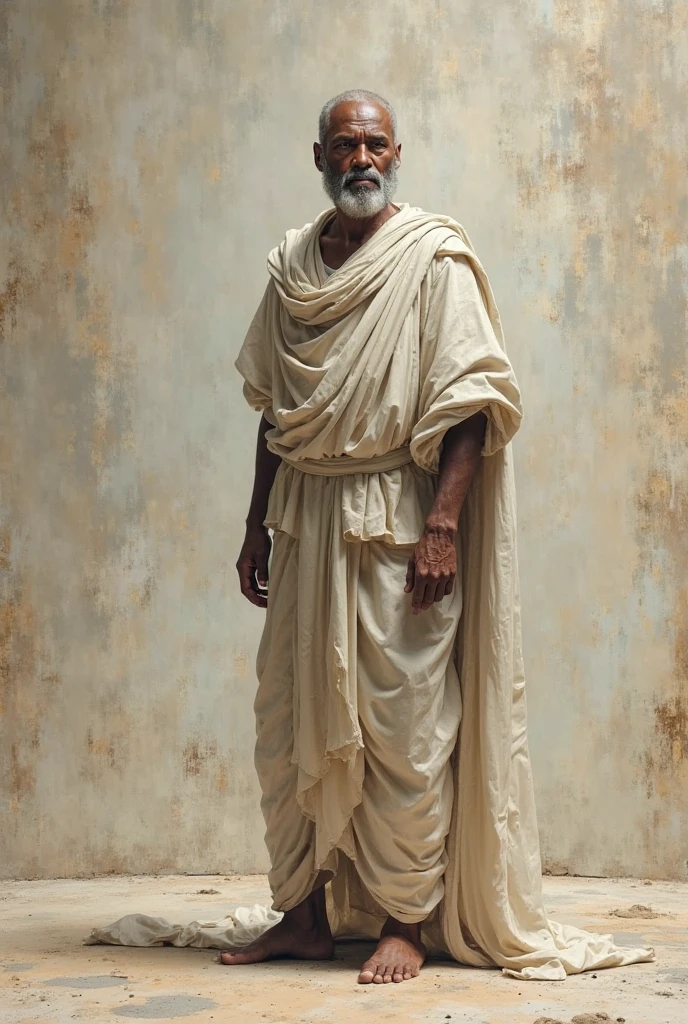 An old wise man, bare chested, tying a white asooke fabric across his left shoulder but it covers his bare chest, holding a high and tall walking stick, wearing a black Ngas traditional cap, he wears a sandals.