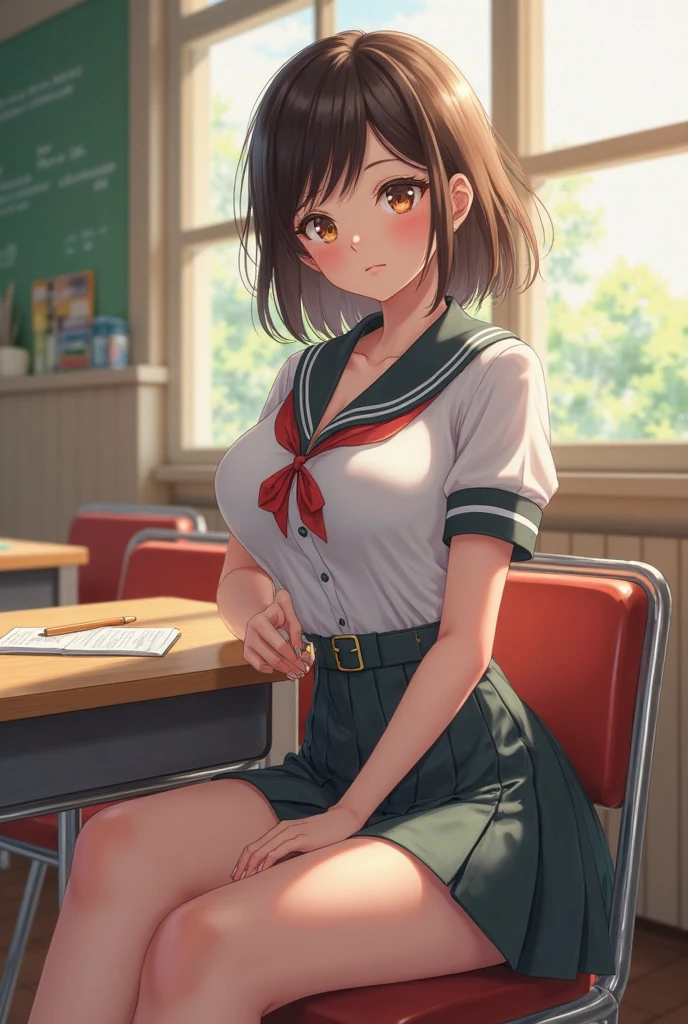 masterpiece, best quality, high contrast, professional photography, soft light, sharp focus, 1girl, hmochako, blush stickers, short hair, medium breasts. school uniform, green skirt, pleated skirt, red necktie, black pantyhose, white shirt, long sleeves, grey jacket,beautiful brown eyes, cleavage, big breasts, sweating, blushing, heavy breathing,
