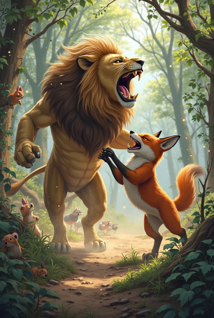 . **Battle Between Leo and Gor:**
- *"A dramatic battle scene in a forest clearing. A fierce anthropomorphic lion is clashing with a massive, menacing bear-like creature. The scene is dynamic, with intense action and movement, showing Leo’s agility and Gor’s brute force."*