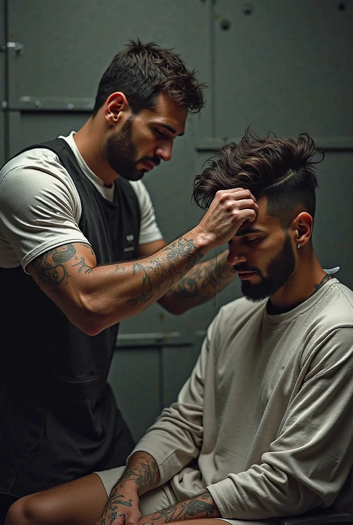 2 man smoking crack, while crouching down with a tattoo of an alien holding a cigar on his arm