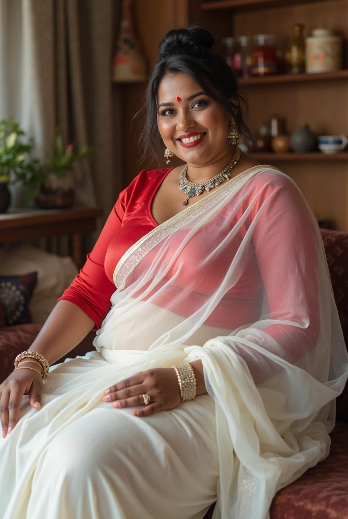 South Indian women, wearing red colour chiffon transparent shiny skirt and black chiffon shirt