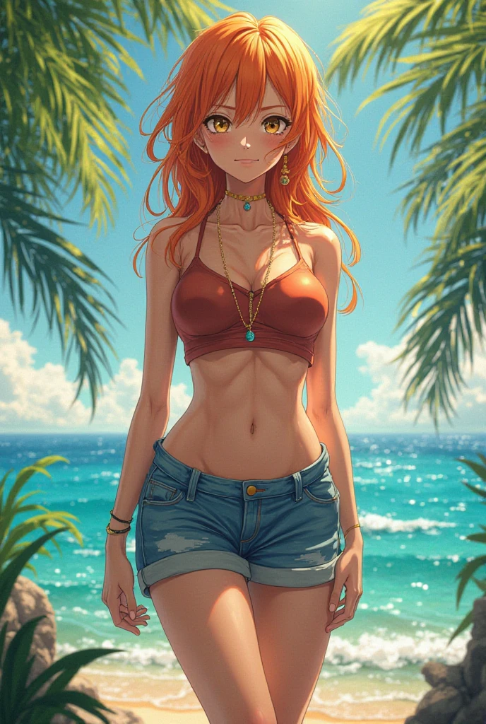 A French girl ,rousse,grand yeux vert, souriante,gros sein, haut bikini ,frayed jean shorts,pose charmante devant une cascade dans la jungle ,fleur, magique 